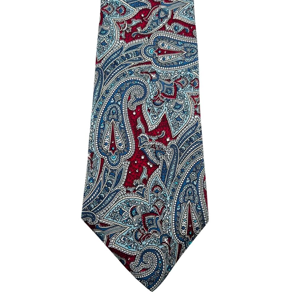 100% Silk Neck Tie Paisley Handmade Red White & Blue JUSTIN DAVID Tradition Mens